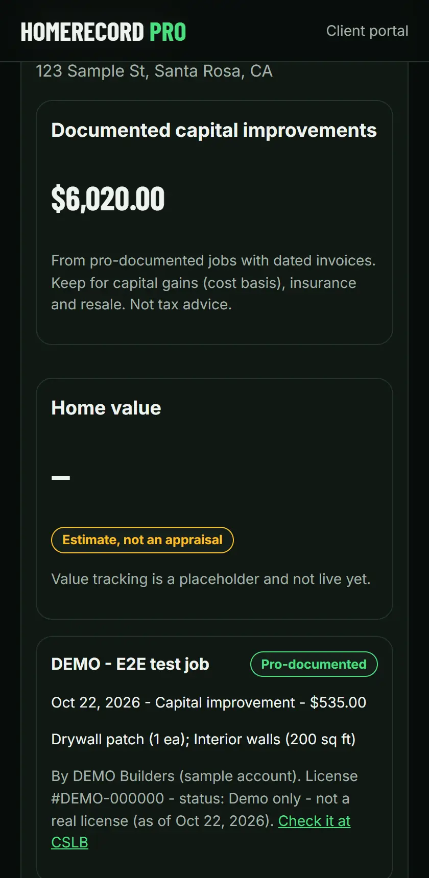 Home record with documented improvements and pro-documented entries