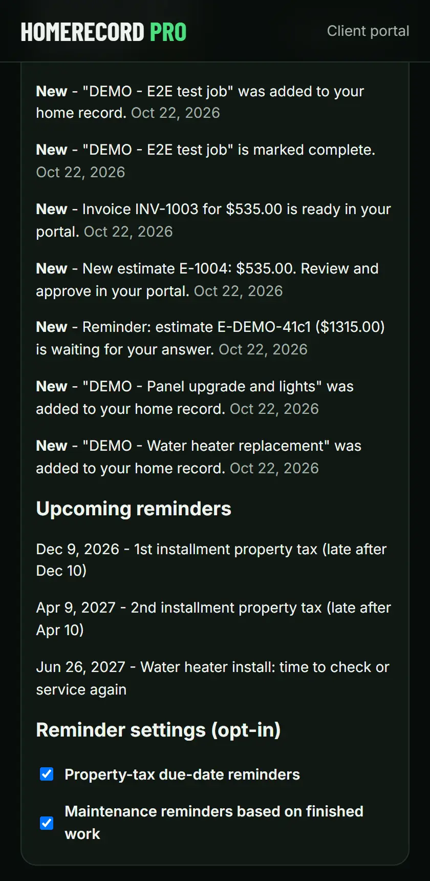 Client portal showing notifications, reminders and projects