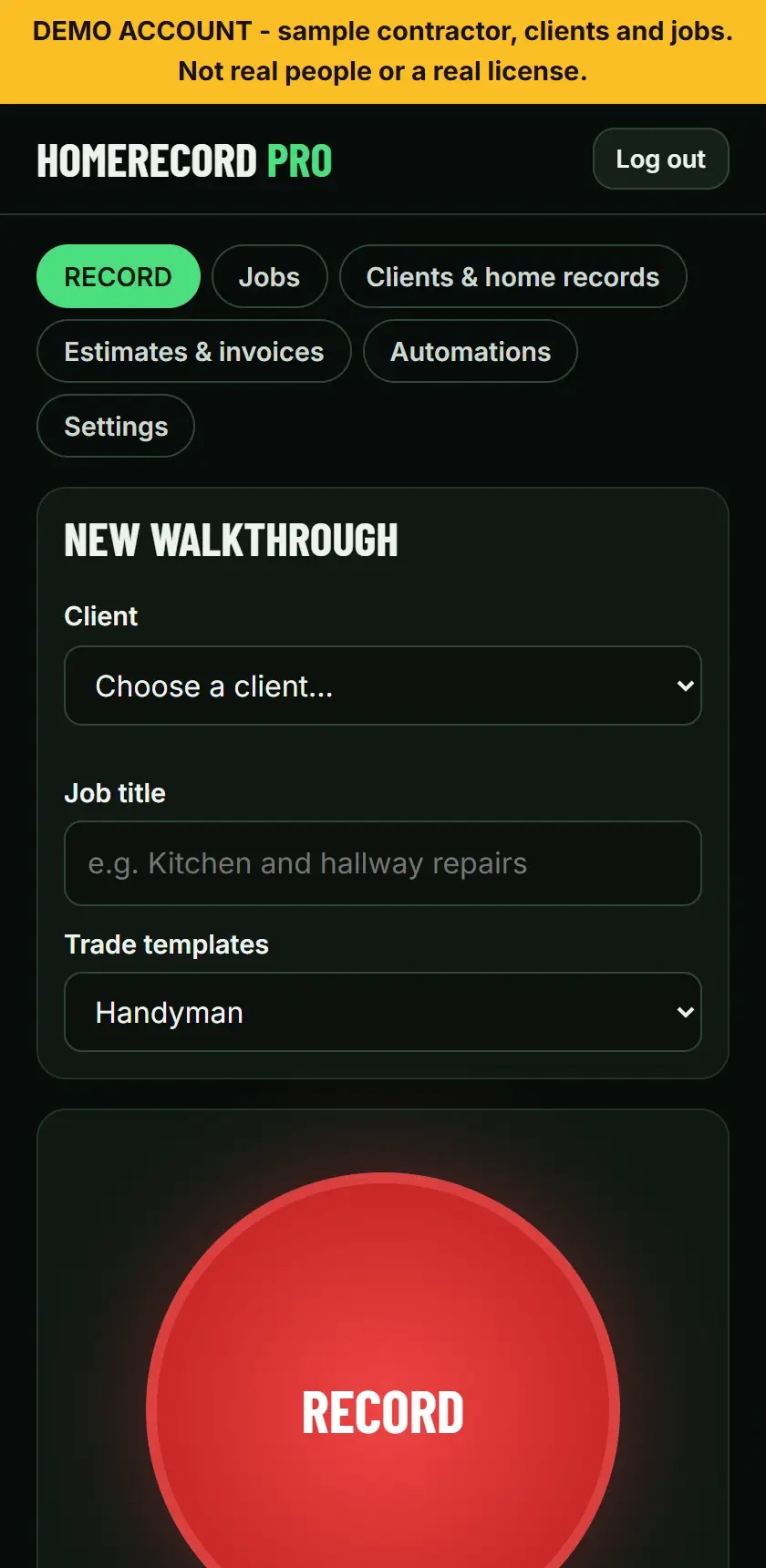The RECORD screen with client and job fields and the big red record button